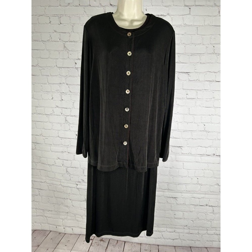 VTG Citiknits Slinky Black 3 Piece Set Maxi Skirt Tank Top & Sweater Outfit L